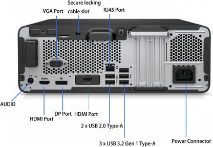 HP ProDesk small form factor desktop computer with Intel Core i5-10500 processor, compact and refurbished.