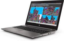 Refurbished HP ZBook 15 G5 laptop with 15.6-inch display and Intel Core i7-8750H processor, shown open with keyboard visible.
