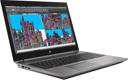 HP ZBook 15 G5 laptop with 15.6-inch display, Intel Core i7-8750H processor, refurbished, black keyboard, and professional design.