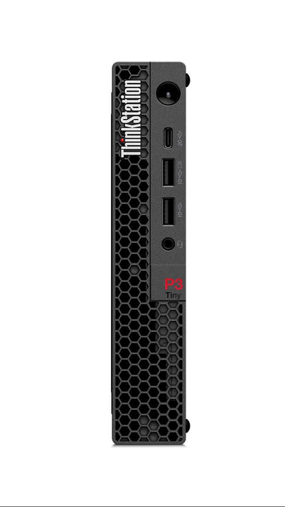 Refurbished Lenovo ThinkStation Tiny desktop PC with Intel Core Ultra 7 265 processor, compact and black with ports visible.