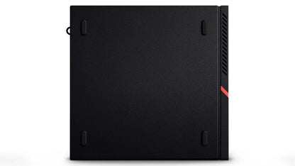 Lenovo ThinkCentre Tiny desktop PC with AMD Ryzen 3 2200GE processor, compact design, black case, front ports visible.
