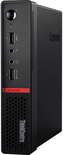 Lenovo ThinkCentre Tiny desktop with AMD Ryzen 5 2400GE processor, compact refurbished PC on a white background