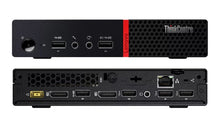Lenovo ThinkCentre Tiny PC with AMD Ryzen 5 2400GE processor, compact desktop computer on a white background.