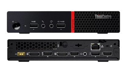 Lenovo ThinkCentre Tiny PC with AMD Ryzen 5 2400GE processor, compact desktop computer on a white background.