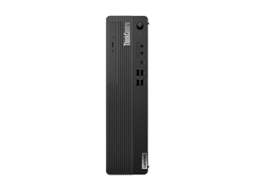 Lenovo small form factor desktop with Intel Core i5-10400 processor, black casing, and front USB ports.