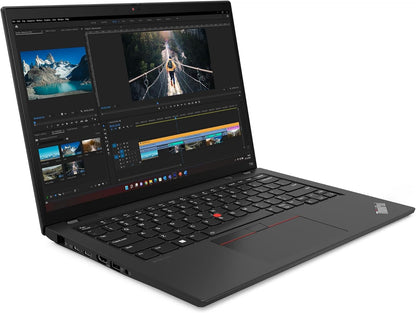 Lenovo ThinkPad T14 Gen 4 14-inch refurbished laptop with Intel Core i5-1335U processor, open with keyboard and screen visible.