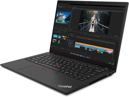 Lenovo ThinkPad T14 Gen 4 14-inch refurbished laptop with Intel Core i5-1335U processor, black keyboard and sleek design.