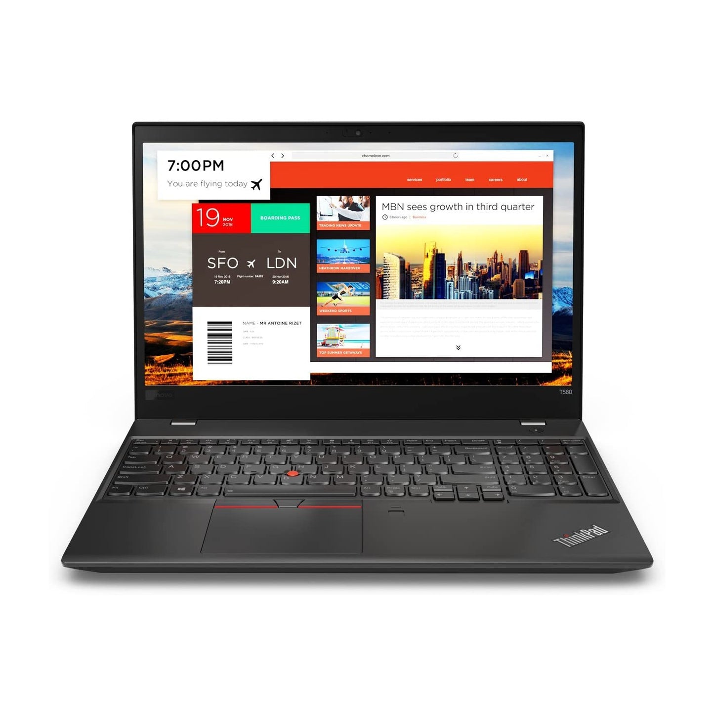 Lenovo ThinkPad T580 15.6-inch refurbished laptop with Intel Core i5-8250U processor, black keyboard, and screen display.