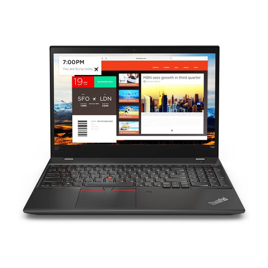 Lenovo ThinkPad T580 15.6-inch refurbished laptop with Intel Core i5-8250U processor, black keyboard, and screen display.