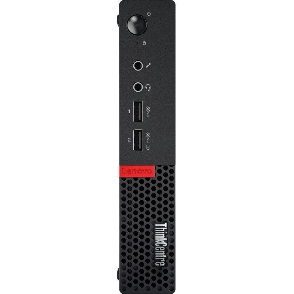 Lenovo ThinkCentre Tiny refurbished desktop with Intel Core i3-7100T processor, compact PC on a desk, front view showing ports and design.