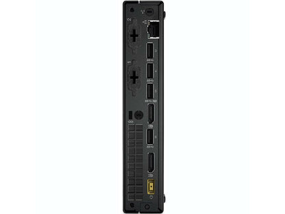 Refurbished Lenovo ThinkCentre Tiny PC with Intel Core i7-6700T processor, compact desktop with black case and ports visible.