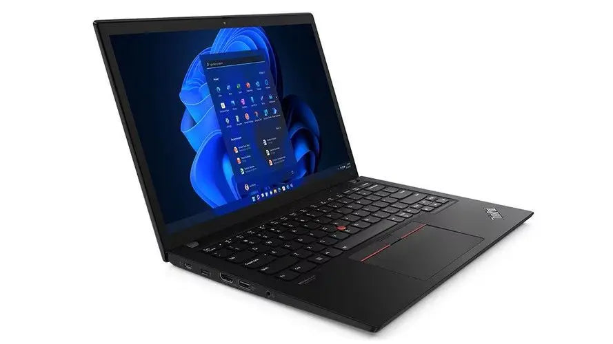 Lenovo ThinkPad X13 Gen 3 13.3-inch refurbished laptop with Intel Core i5 processor, black keyboard, and sleek design.