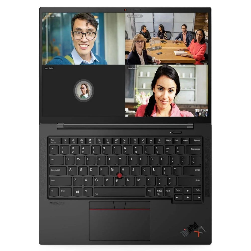 Lenovo ThinkPad X1 Carbon 10th Gen 14-inch refurbished laptop with Intel Core i7 processor, sleek black design.