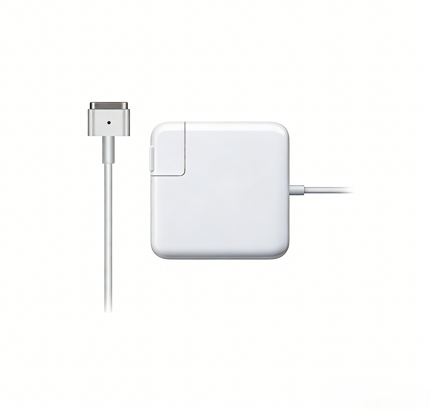 Apple 65W MagSafe 2 power adapter for MacBook laptop, showing the magnetic connector and AC plug.