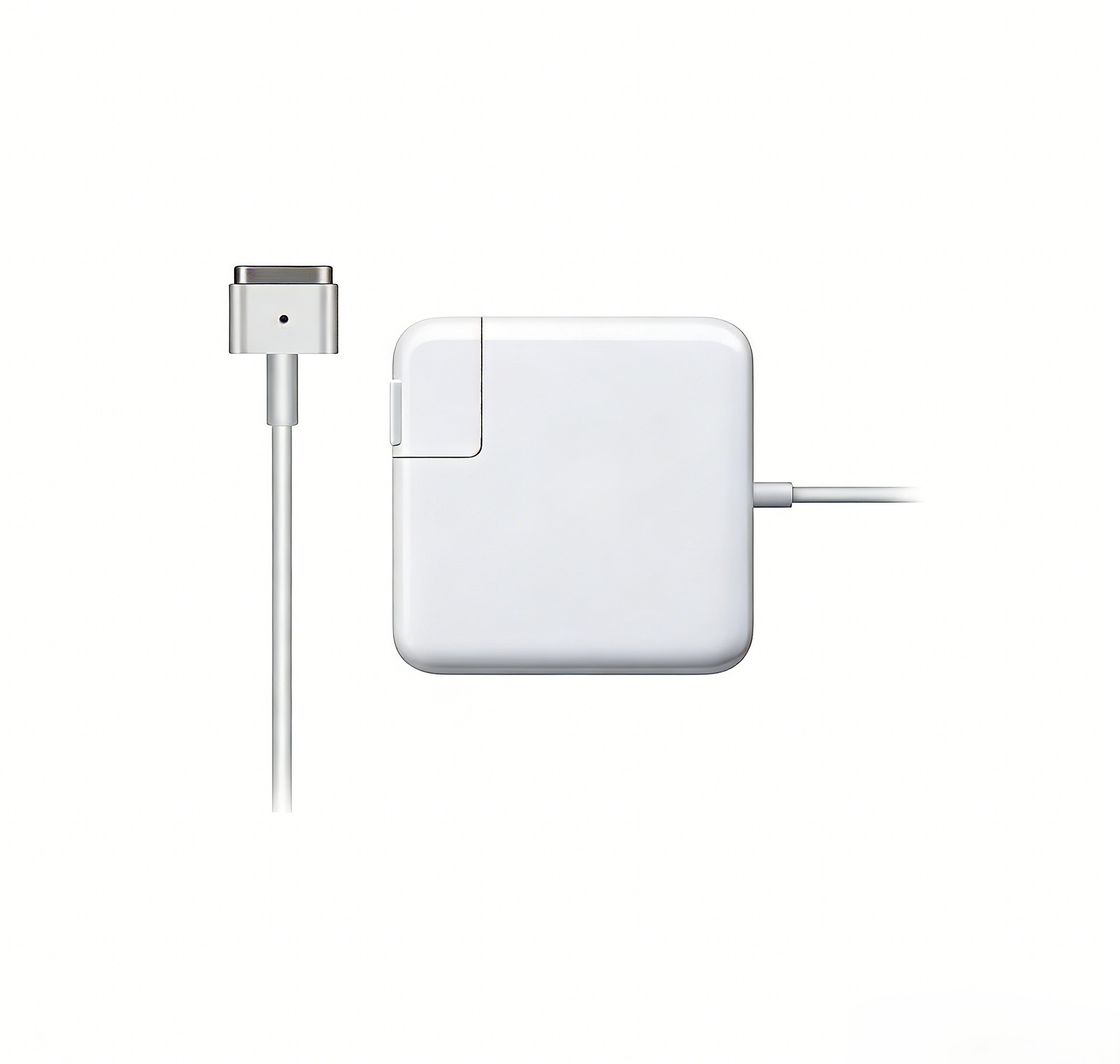 Apple 65W MagSafe 2 power adapter for MacBook laptop, showing the magnetic connector and AC plug.