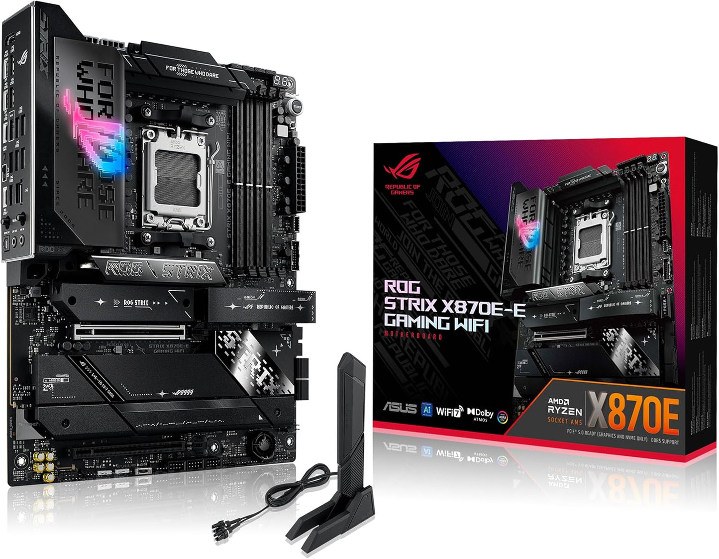 ASUS ROG Strix X870E-E gaming motherboard with AMD AM5 socket and WiFi connectivity, shown in a close-up view.