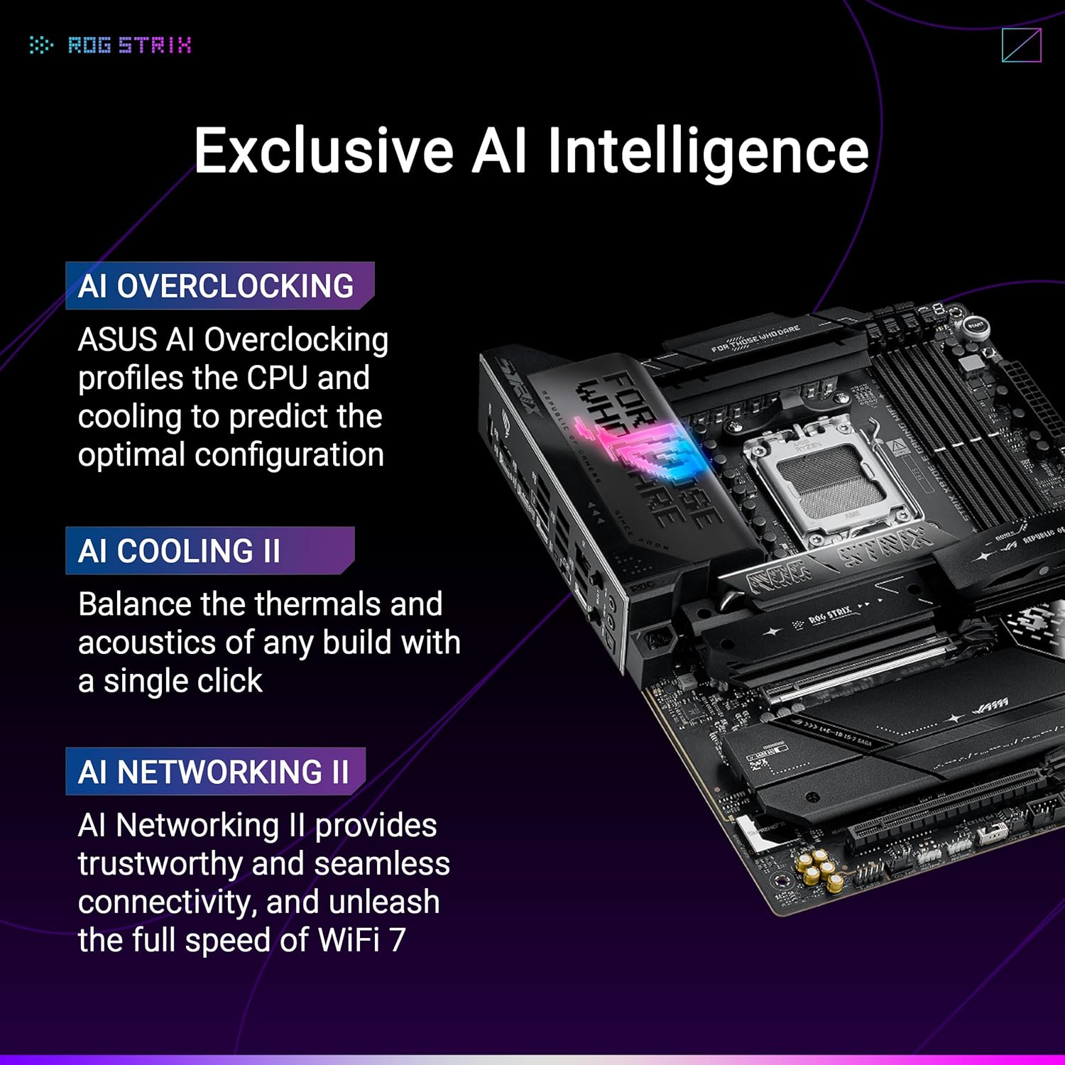 ASUS ROG Strix X870E-E gaming WiFi AMD AM5 motherboard with heatsinks and I/O ports, designed for high-performance gaming builds.