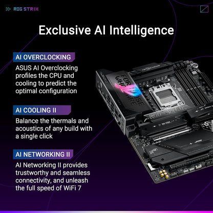 ASUS ROG Strix X870E-E gaming WiFi AMD AM5 motherboard with heatsinks and I/O ports, designed for high-performance gaming builds.