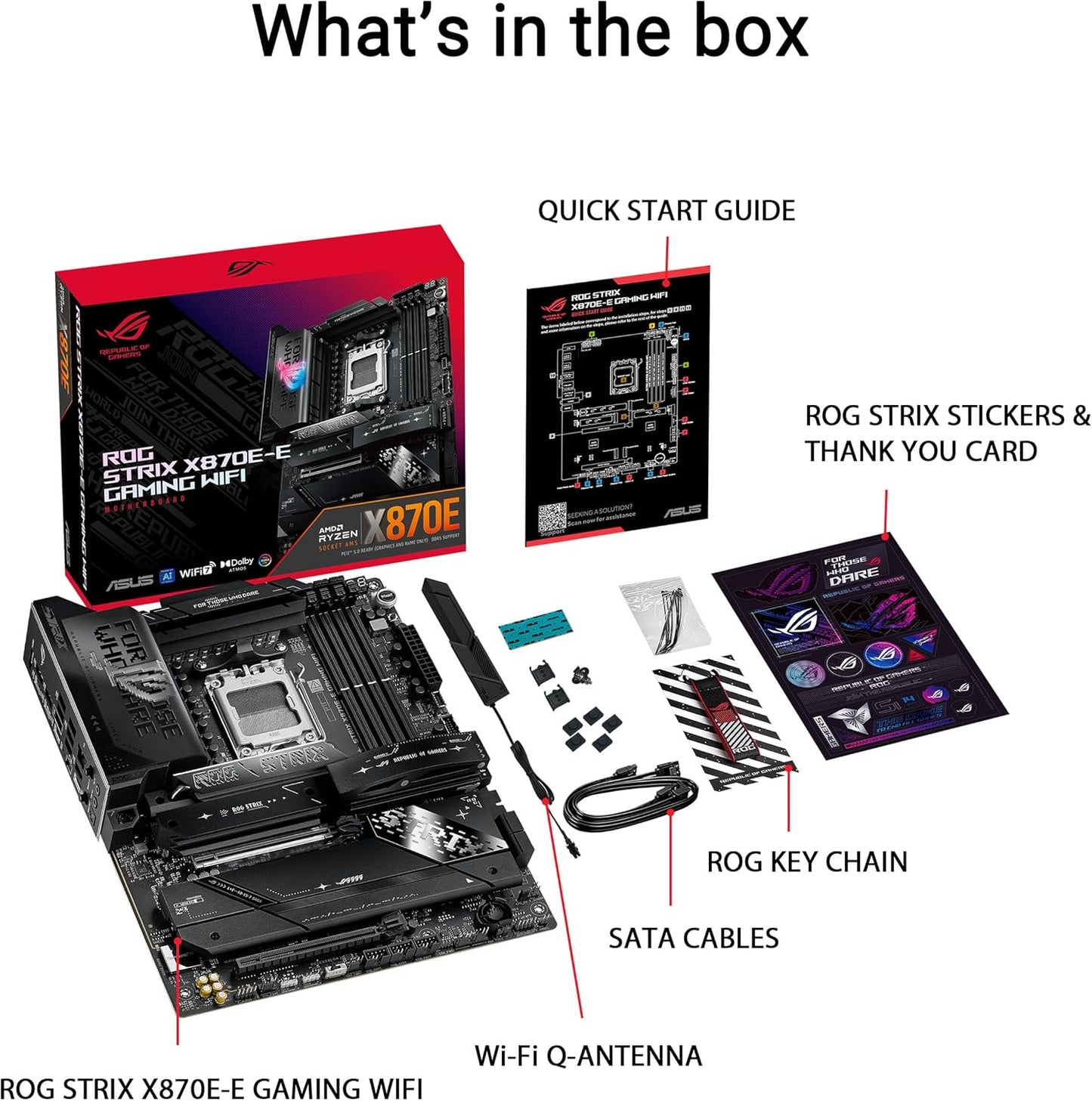 ASUS ROG Strix X870E-E Gaming WiFi AMD AM5 motherboard with heatsinks and PCIe slots, designed for high-performance gaming PCs.