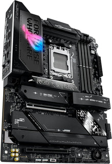 ASUS ROG Strix X870E-E gaming motherboard with AMD AM5 socket, WiFi ports, and reinforced VRM for high-performance gaming.