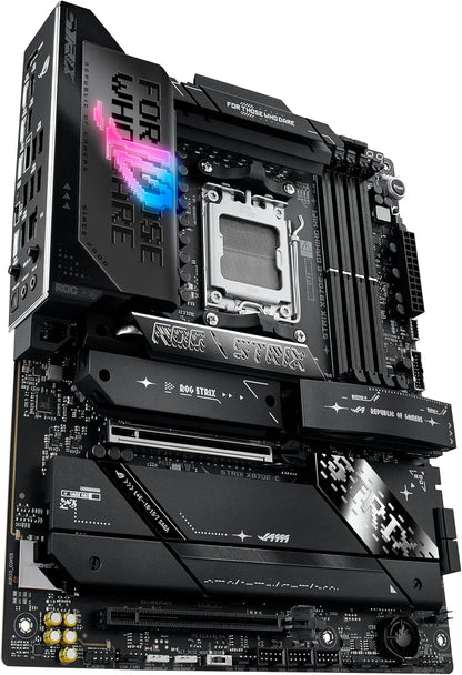 ASUS ROG Strix X870E-E gaming motherboard with AMD AM5 socket, WiFi ports, and reinforced VRM for high-performance gaming.