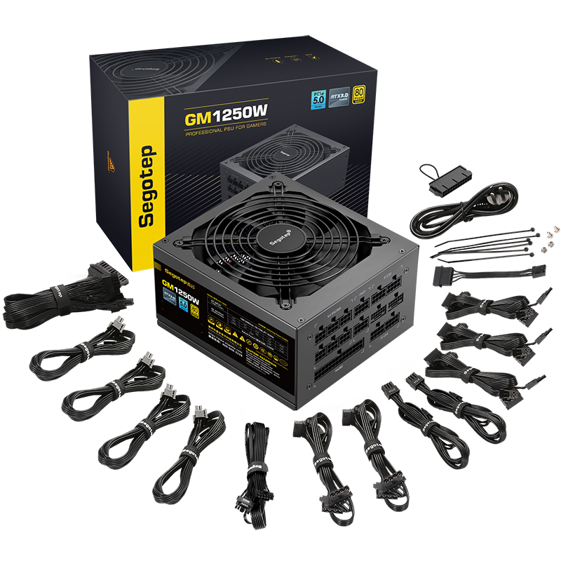 Segotep 1250W 80 Plus Gold full modular power supply with PCIe 5.0 and ATX 3.0, black color, for high-performance PCs