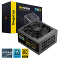 Segotep 1250W 80 Plus Gold full modular power supply with PCIe 5.0 and ATX 3.0 in black, showing cables and connectors.