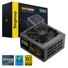 Segotep 1250W 80 Plus Gold full modular power supply with PCIe 5.0 and ATX 3.0 in black, showing cables and connectors.