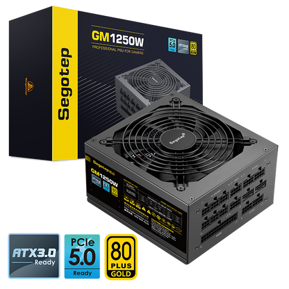 Segotep 1250W 80 Plus Gold full modular power supply with PCIe 5.0 and ATX 3.0 in black, showing cables and connectors.