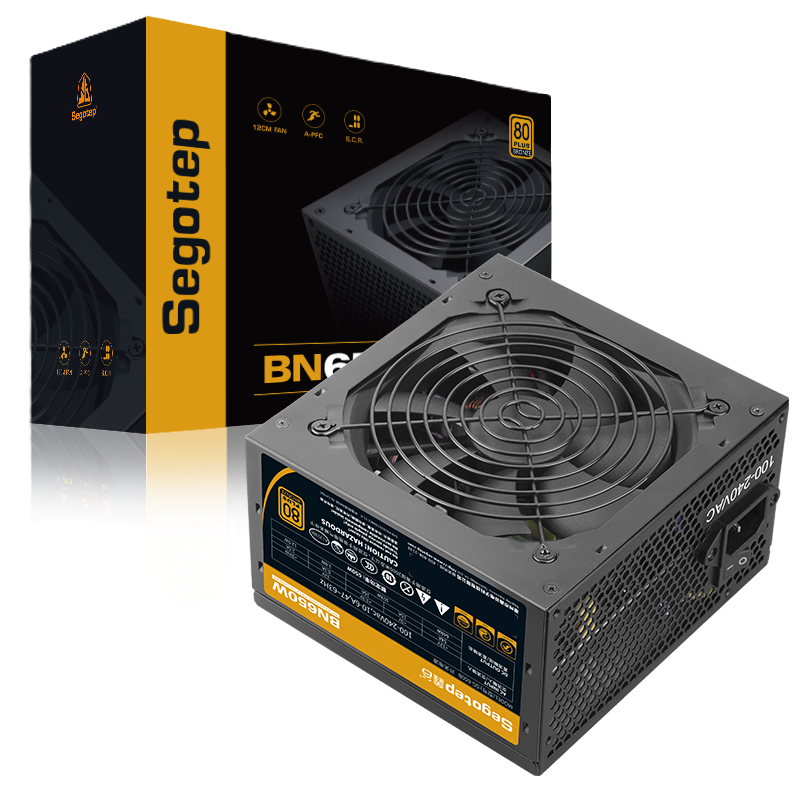 Segotep 650W 80 Plus non-modular ATX gaming power supply with black casing and 120mm silent fan.
