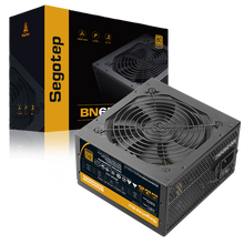 Segotep 650W 80 Plus non-modular ATX gaming power supply with black casing and 120mm silent fan.