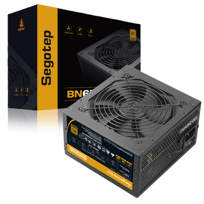 Segotep 650W 80 Plus non-modular ATX gaming power supply with black casing and 120mm silent fan.