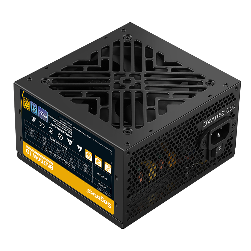 Segotep 750W 80 Plus non-modular ATX power supply with 120mm silent fan in black for gaming PCs.