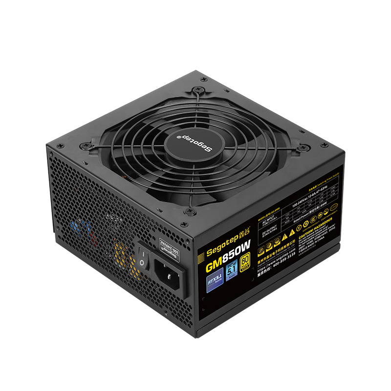 Segotep 850W 80 Plus Gold full modular power supply with PCIe 5.1 and ATX 3.1 in black, showing cables and connectors.