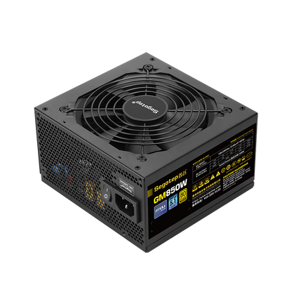 Segotep 850W 80 Plus Gold full modular power supply with PCIe 5.1 and ATX 3.1 in black, showing cables and connectors.