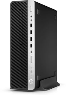 Refurbished HP small form factor desktop with Intel Core i7-8700 processor, compact design, and front USB ports.