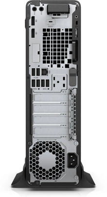 Refurbished HP small form factor desktop with Intel Core i7-8700 processor, compact design, and black case.
