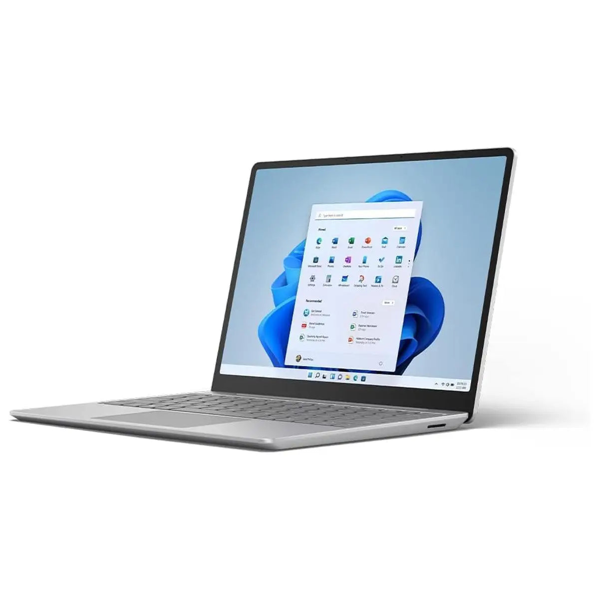 Silver Microsoft Surface Laptop Go 2 featuring Intel Core i5, 16GB RAM, and 256GB SSD, angled view with keyboard visible.