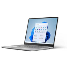 Silver Microsoft Surface Laptop Go 2 featuring Intel Core i5, 16GB RAM, and 256GB SSD, angled view with keyboard visible.