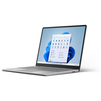 Silver Microsoft Surface Laptop Go 2 featuring Intel Core i5, 16GB RAM, and 256GB SSD, angled view with keyboard visible.