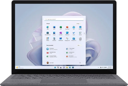 Microsoft Surface Laptop 5 with 13.5-inch display, Intel Core i5 processor, refurbished, sleek silver design, open showing keyboard