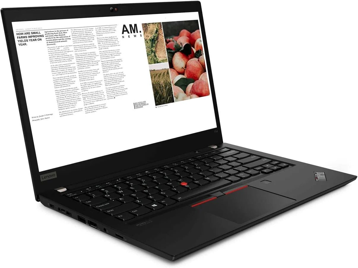 Lenovo ThinkPad T14 Gen 2 14-inch refurbished laptop with AMD Ryzen 5 5650U processor, open display showing keyboard and screen