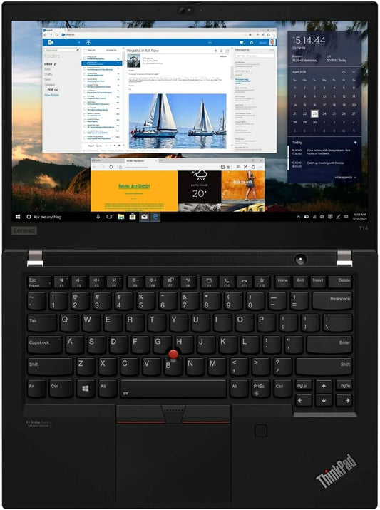 Lenovo ThinkPad T14 Gen 2 14-inch refurbished laptop with AMD Ryzen 5 5650U processor, black keyboard, and screen display.