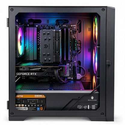 Uniway Gaming PC with AMD Ryzen 5 7600X processor, featuring a sleek black gaming computer with RGB lighting and high-performance components.