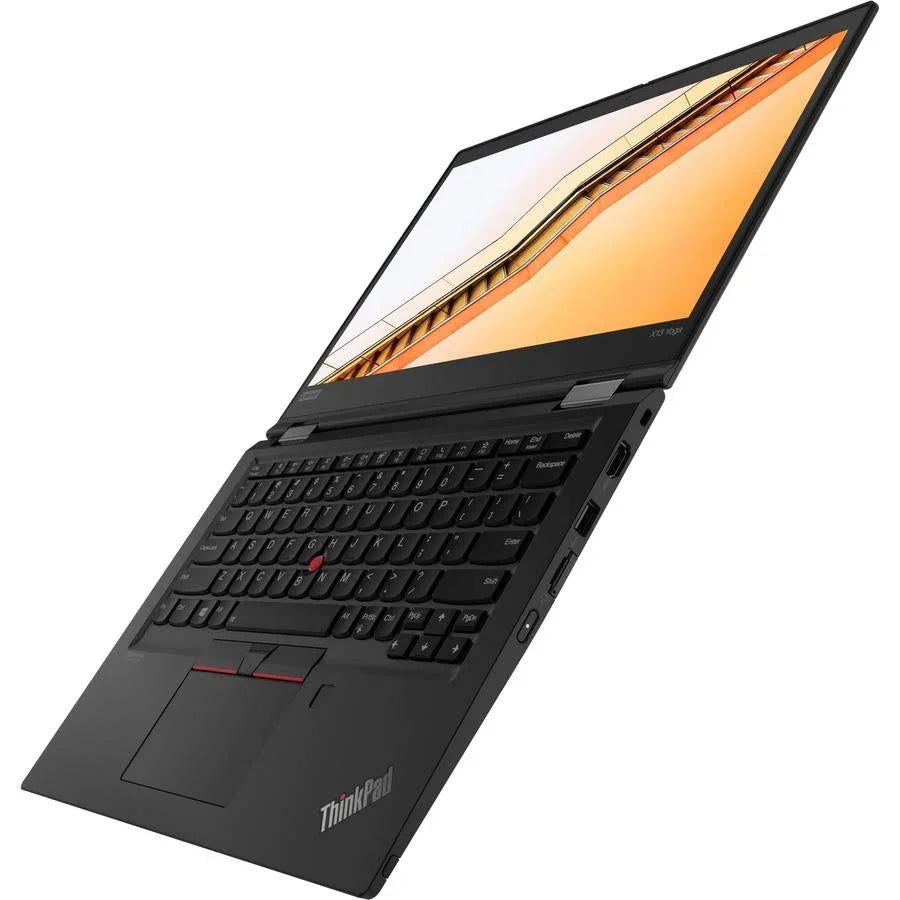 Lenovo ThinkPad X13 Yoga Gen 1 laptop in black with Intel Core i7, 16GB RAM, and 256GB SSD on a white background.
