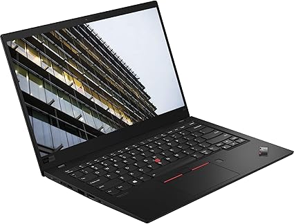 Lenovo ThinkPad X1 Carbon 8th Gen laptop, black, featuring Intel Core i7, 16GB RAM, and 256GB SSD, refurbished.