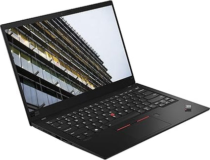 Lenovo ThinkPad X1 Carbon 8th Gen laptop, black, featuring Intel Core i7, 16GB RAM, and 256GB SSD, refurbished.